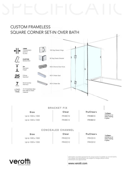 Custom Frameless Square Corner Set-In Over Bath - Up to 1200 x 1200 / TruClear+ / Bracket
