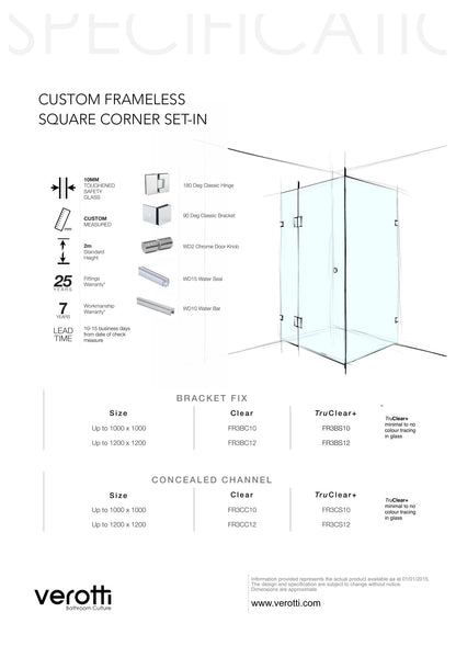 Custom Frameless Square Corner Set-In - Up to 1200 x 1200 / Clear / Concealed Channel