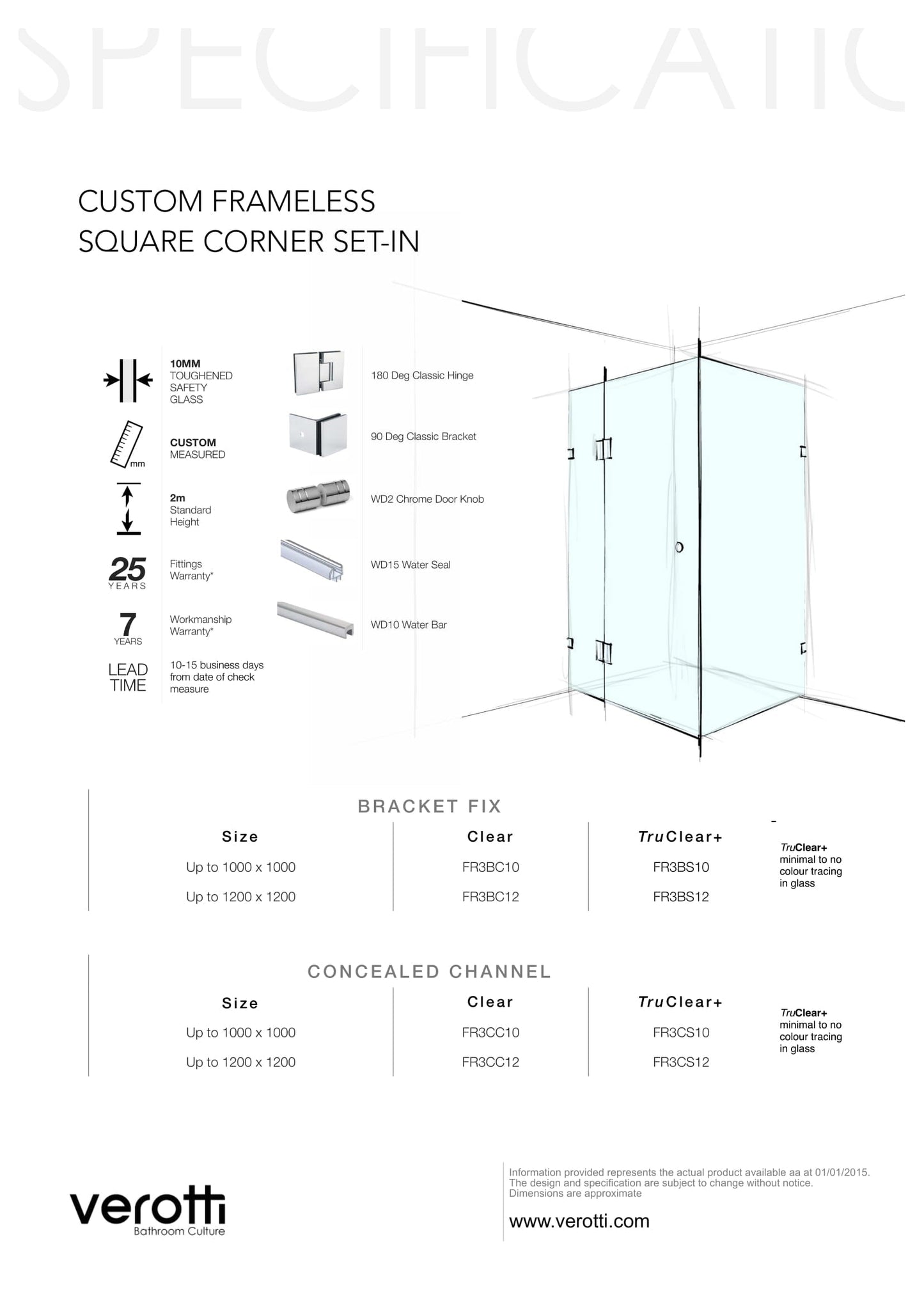 Custom Frameless Square Corner Set-In - Up to 1200 x 1200 / TruClear+ / Concealed Channel