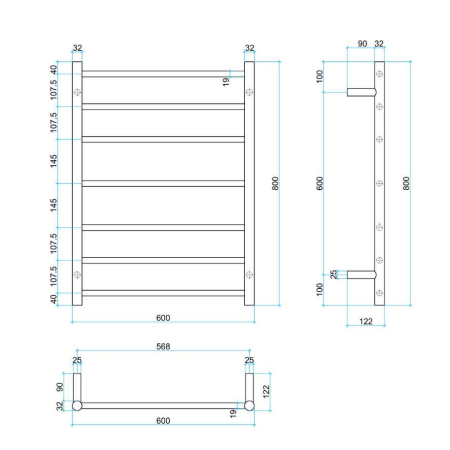 Thermorail 240V Straight 600 Square Ladder Heated Towel Rail