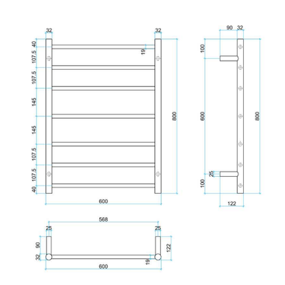 Thermorail 240V Straight 600 Square Ladder Heated Towel Rail