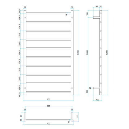 Thermorail 240V Straight 700 Round Ladder Heated Towel Rail