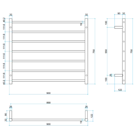 Thermorail 240V Straight 900 Round Ladder Heated Towel Rail
