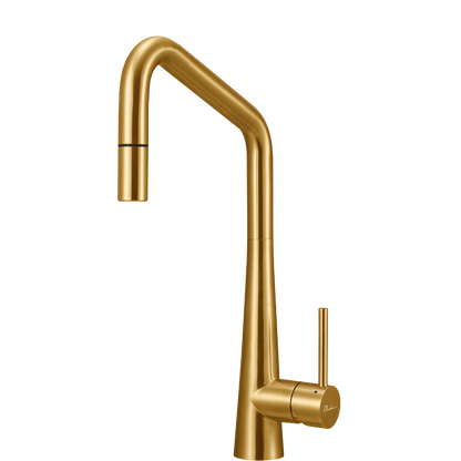 Oliveri Essente Stainless Steel Square Goose Neck Pull Out Mixer Brushed Gold