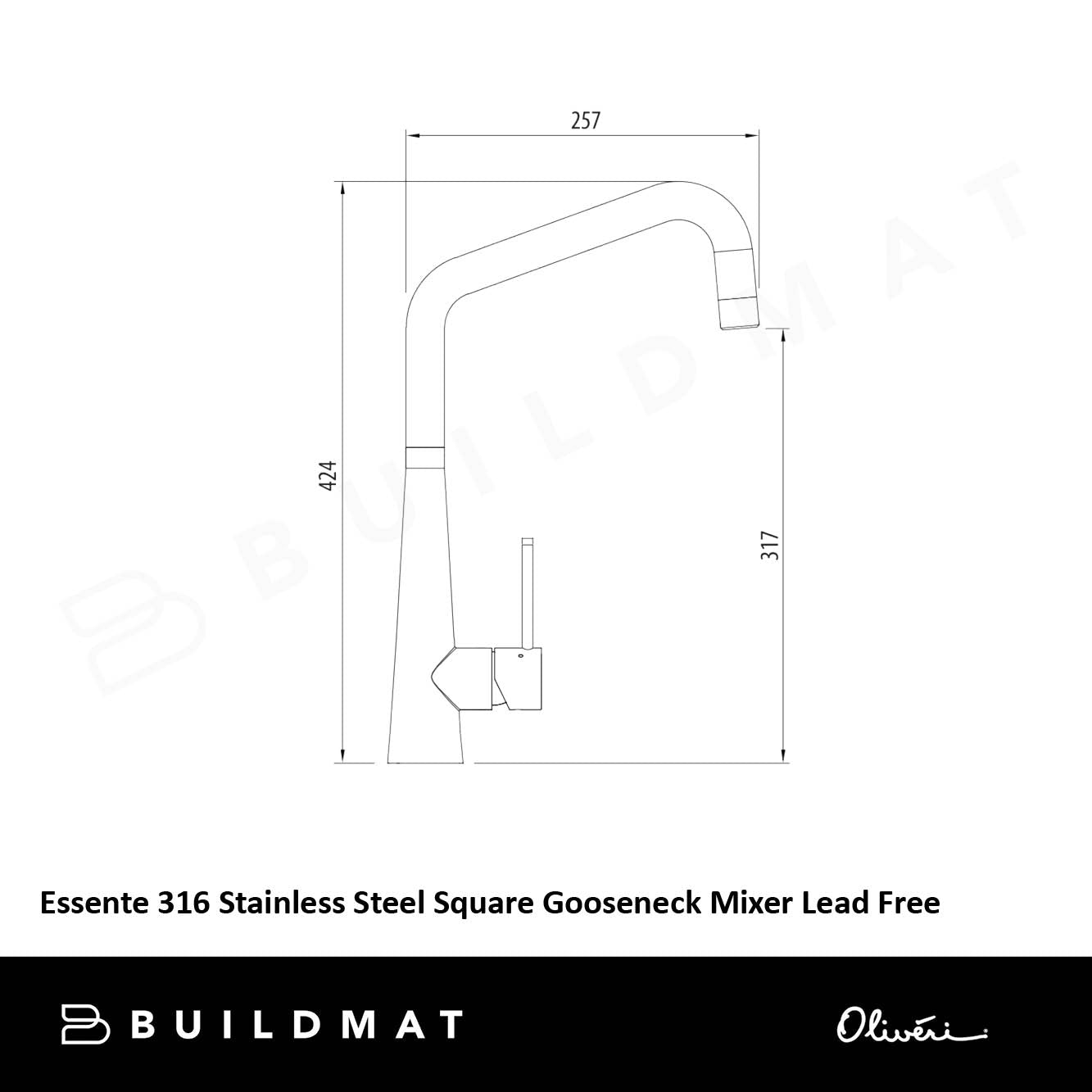 Oliveri Essente 316 Stainless Steel Square Goose Neck Mixer Gunmetal