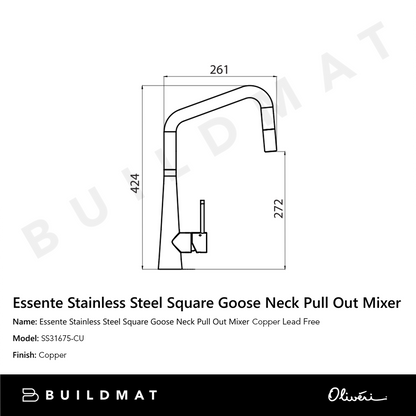 Oliveri Essente 316 Stainless Steel Square Goose Neck Pull Out Mixer Lead Free Copper