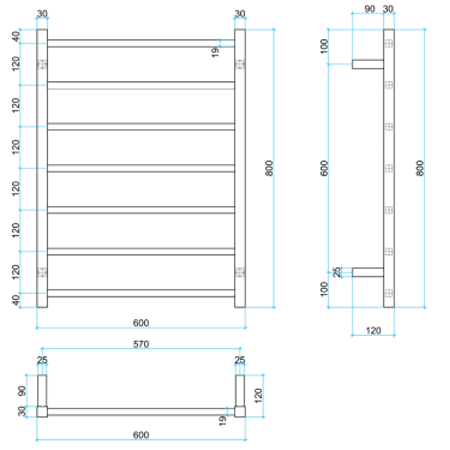 Thermogroup 240V Straight 600 Square Ladder Heated Towel Rail