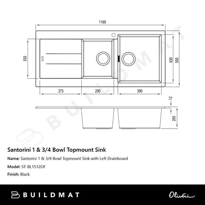 Oliveri Santorini 1 & 3/4 Bowl Topmount Sink with Left Drainboard Black