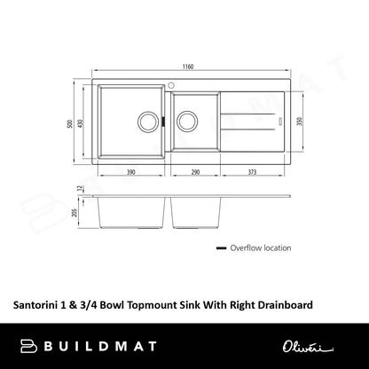 Oliveri Santorini 1 & 3/4 Bowl Topmount Sink with Right Drainboard Matte Black