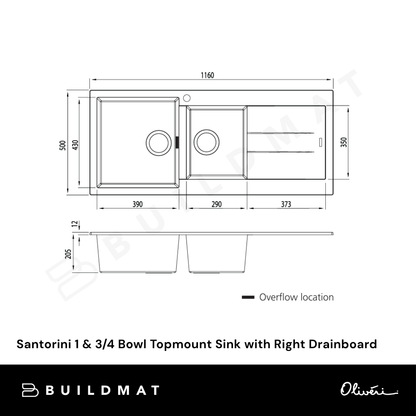 Oliveri Santorini 1 & 3/4 Bowl Topmount Sink with Right Drainboard White
