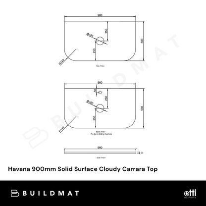 Otti Havana 900mm Solid Surface Cloudy Carrara Top