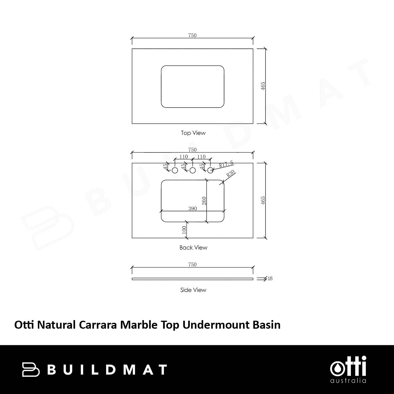 Otti Natural Carrara Marble 750x465x18 Top with Undermount Basin