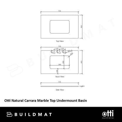 Otti Natural Carrara Marble 750x465x18 Top with Undermount Basin