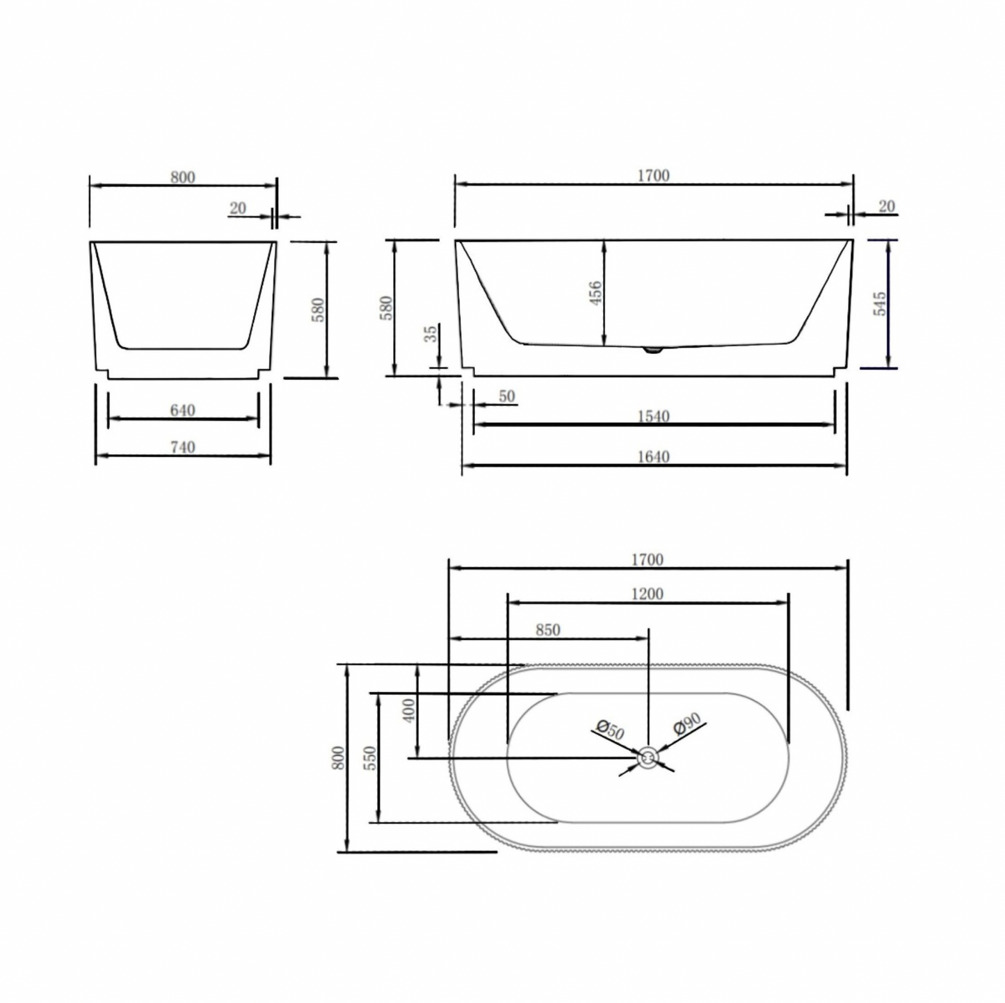 Donii Verona 1700mm  Groove Freestanding Bath