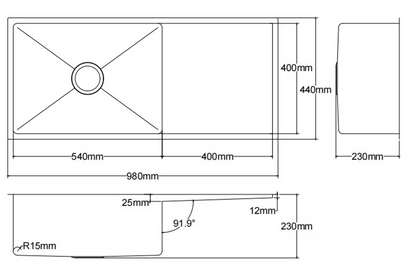 Kliff Hand Made Stainless Steel Sink - 980mm x 440mm x 230mm