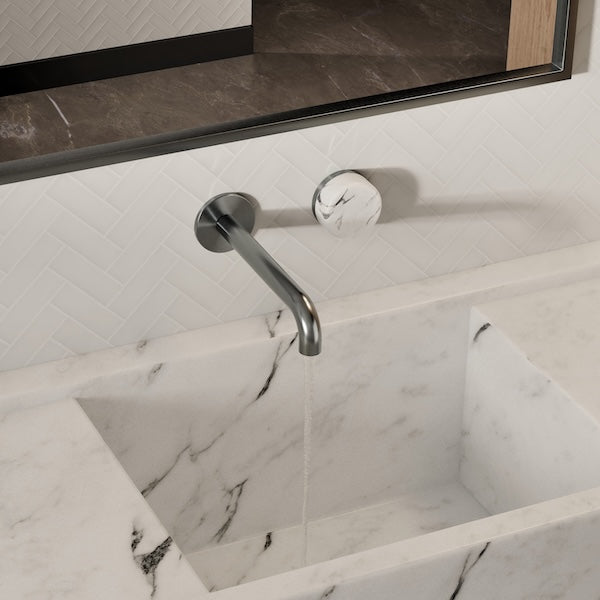 Nero Serenity Progressive Wall Basin Mixer 220mm Spout With Arabescato Corchia Handle Gun Metal
