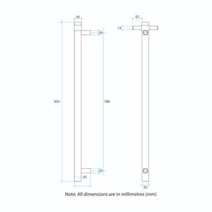 Thermorail 12V Square 900 Vertical Single Bar Heated Towel Rail