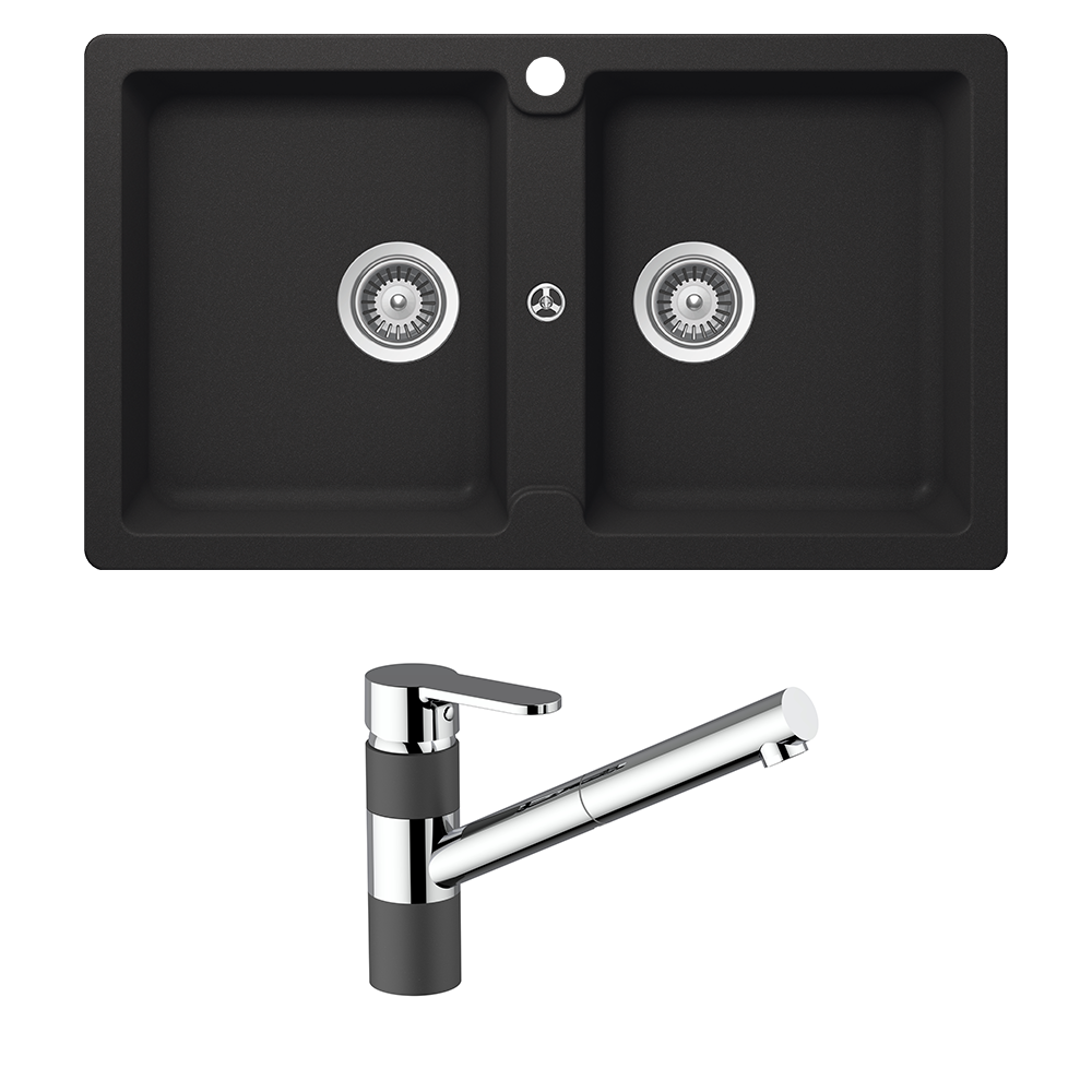 Schock Typos Double Bowl & 400710B Pull Out Kitchen Mixer Onyx