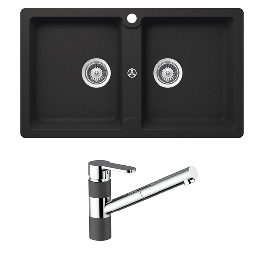 Schock Typos Double Bowl & 400710B Pull Out Kitchen Mixer Onyx