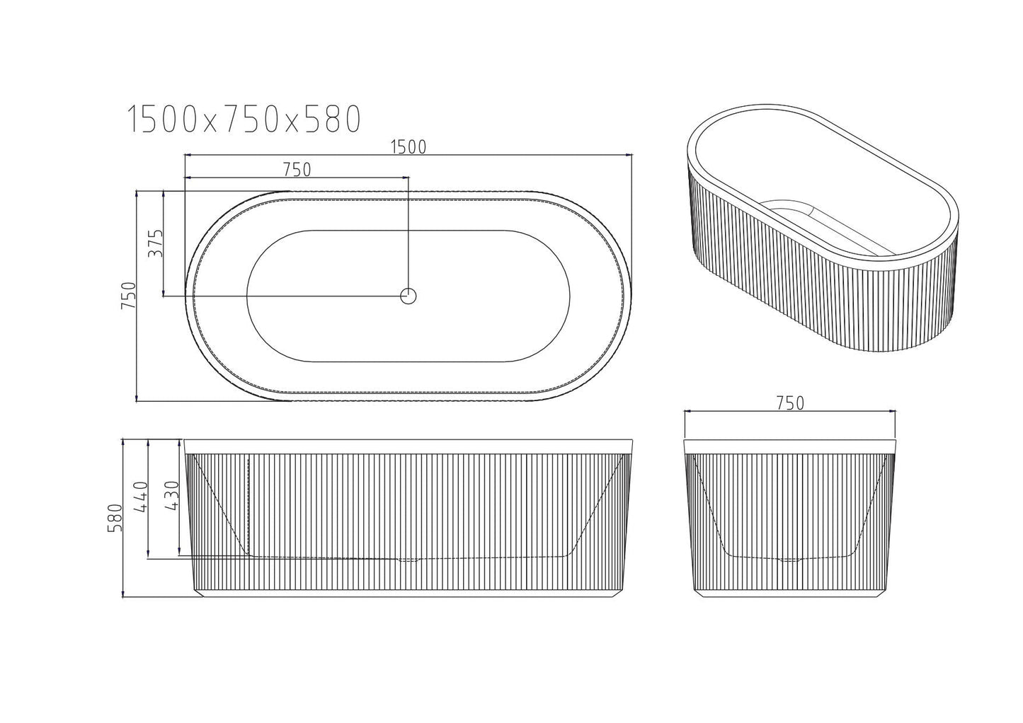 Tyler Freestanding Fluted Bathtub - 1700mm / Gloss White