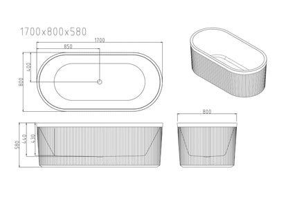 Tyler Freestanding Fluted Bathtub - 1500mm / Gloss White