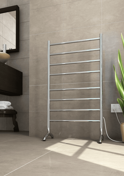 FS66E Straight Round Free Standing Polished Heated Towel Rail