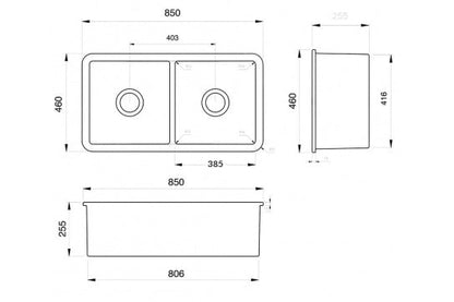 Turner Hastings Cuisine 85 x 46 Double Inset Undermount Fine Fireclay Sink Matte White