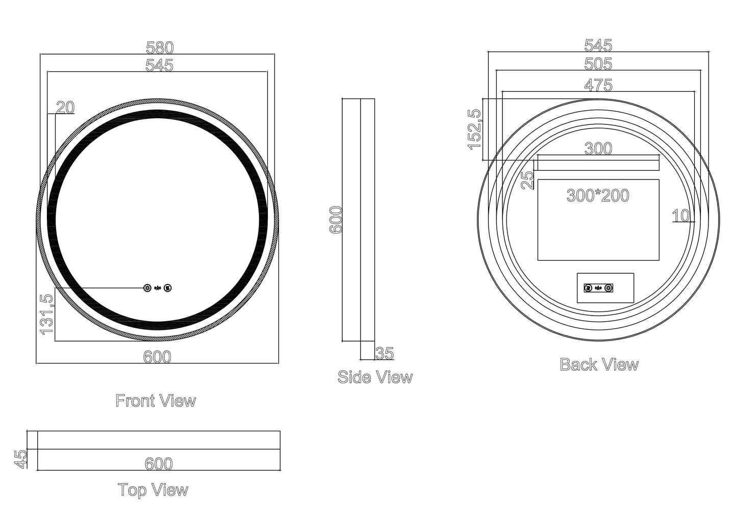 Venus 600/750/900mm LED Round Mirror – Gun Metal Frame - 600mm / Gun Metal