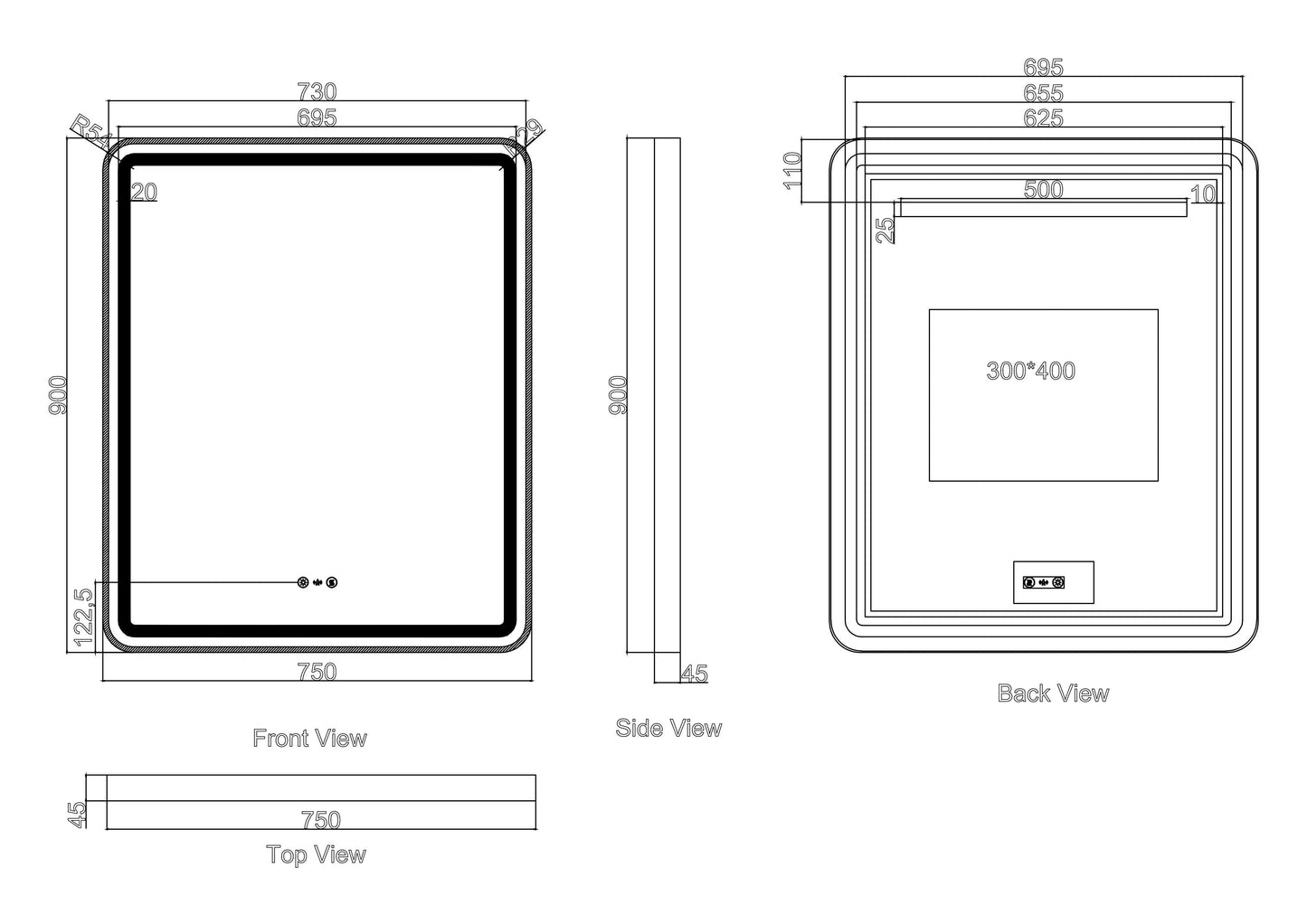 Venus 600×750 / 750×900 / 1200×750mm LED Rectangular Mirror – Brushed Gold Frame