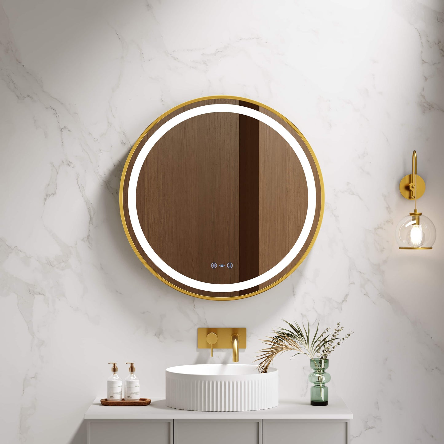 Venus 600/750/900mm LED Round Mirror – Brushed Gold Frame - 900mm / Brushed Gold
