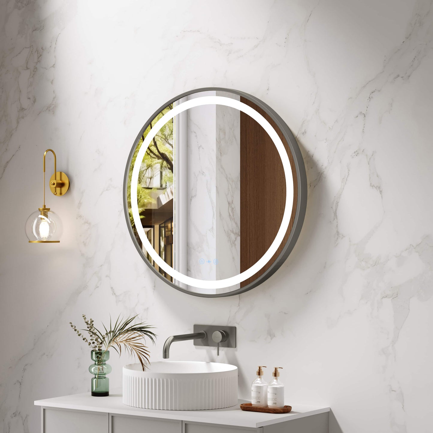 Venus 600/750/900mm LED Round Mirror – Gun Metal Frame - 600mm / Gun Metal