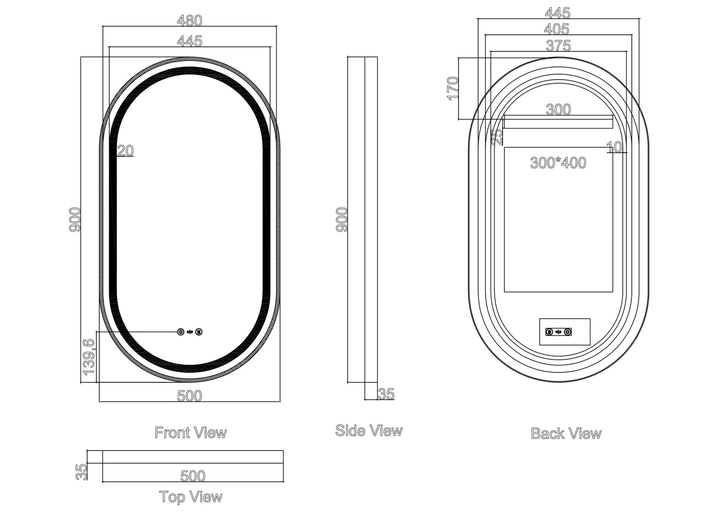 Venus 500×900mm LED Oval Mirror – Gun Metal Frame - Gun Metal