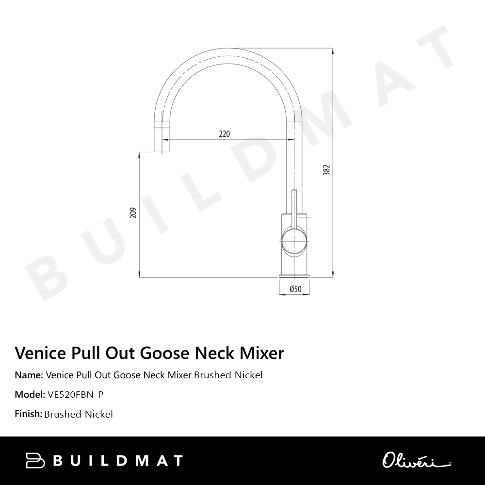 Oliveri Venice Pull Out Goose Neck Mixer Brushed Nickel