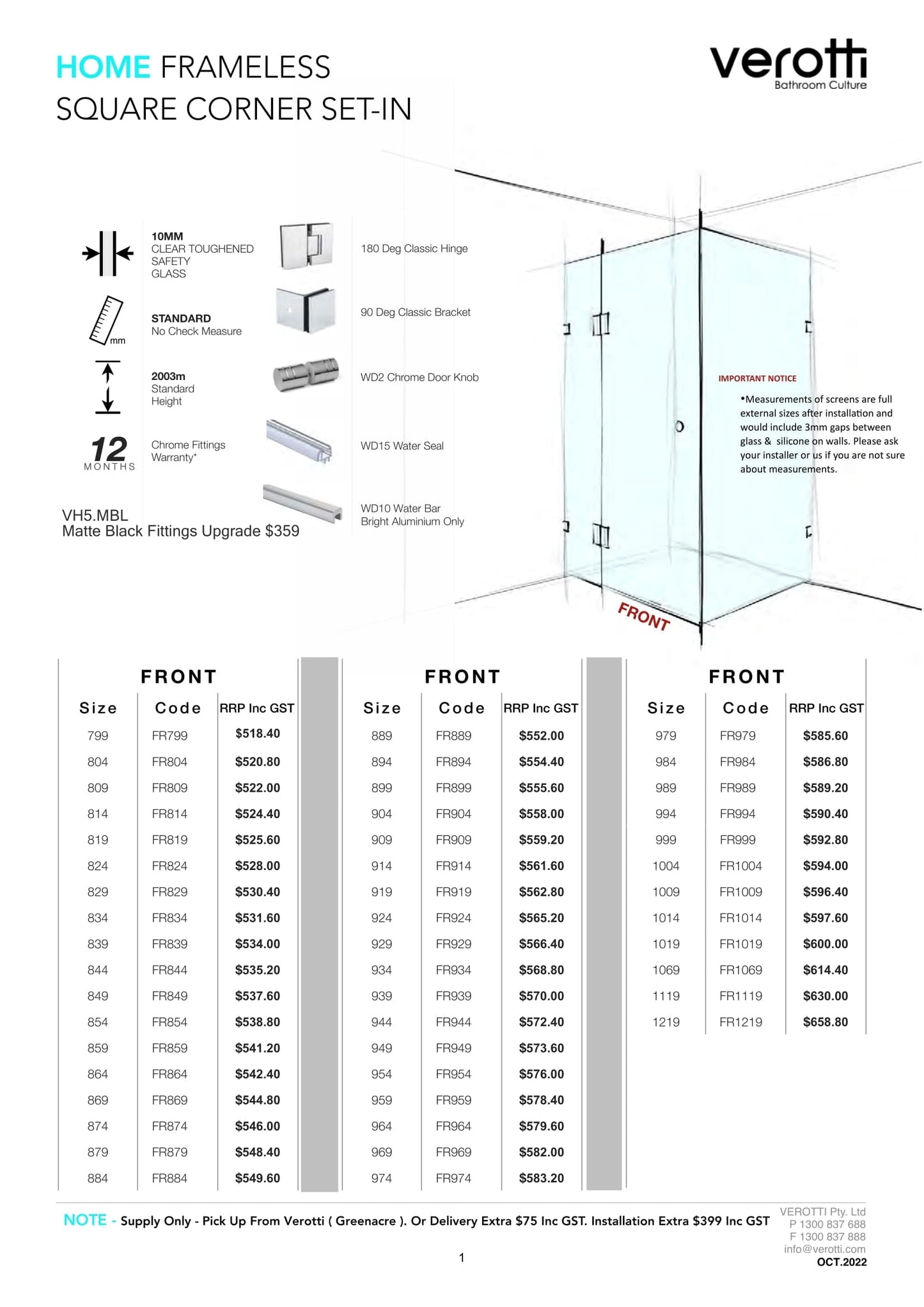 Verotti Home Frameless Square Corner Set-In - 929 / 1103
