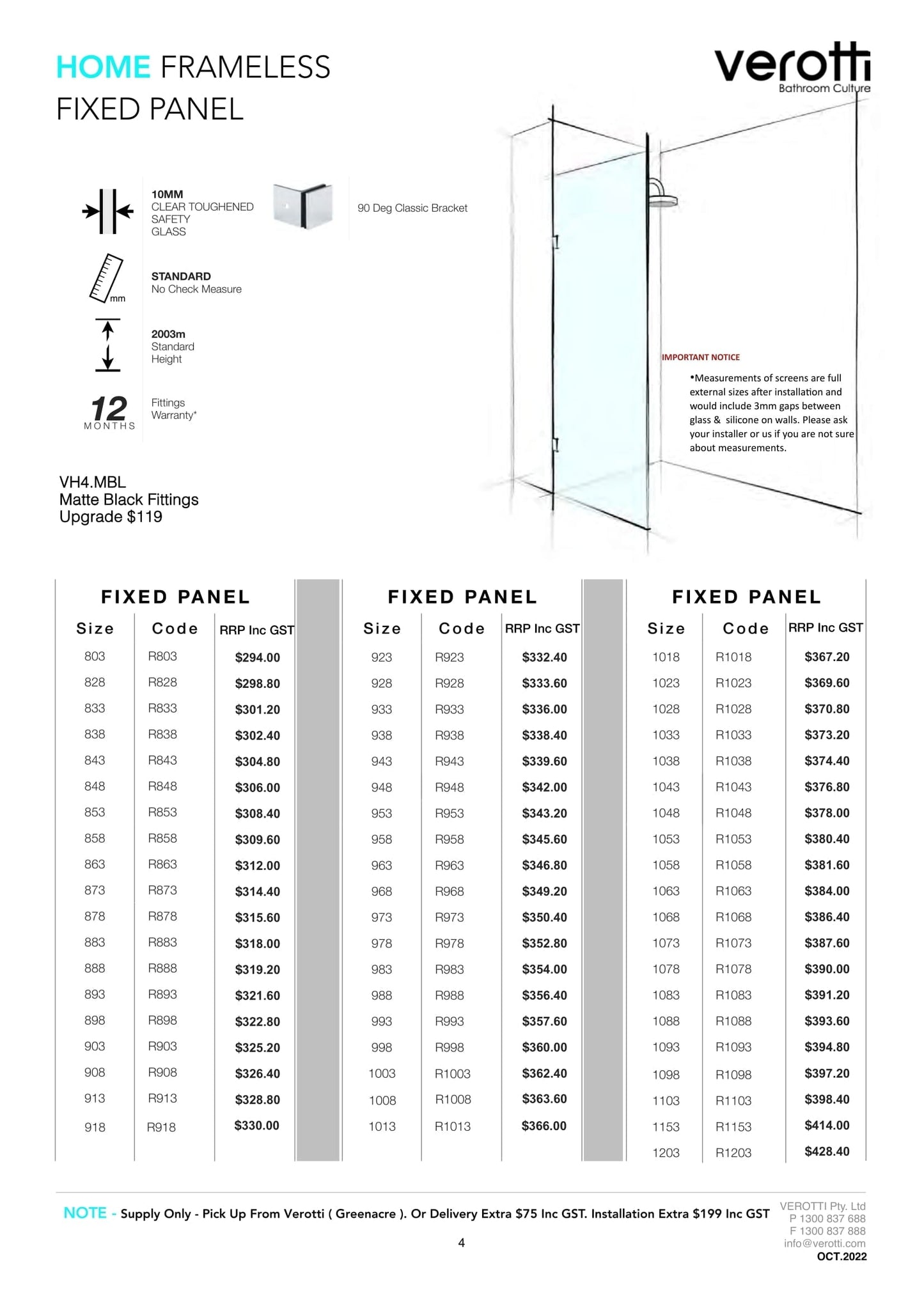 Verotti Home Frameless Fixed Panel - 1073