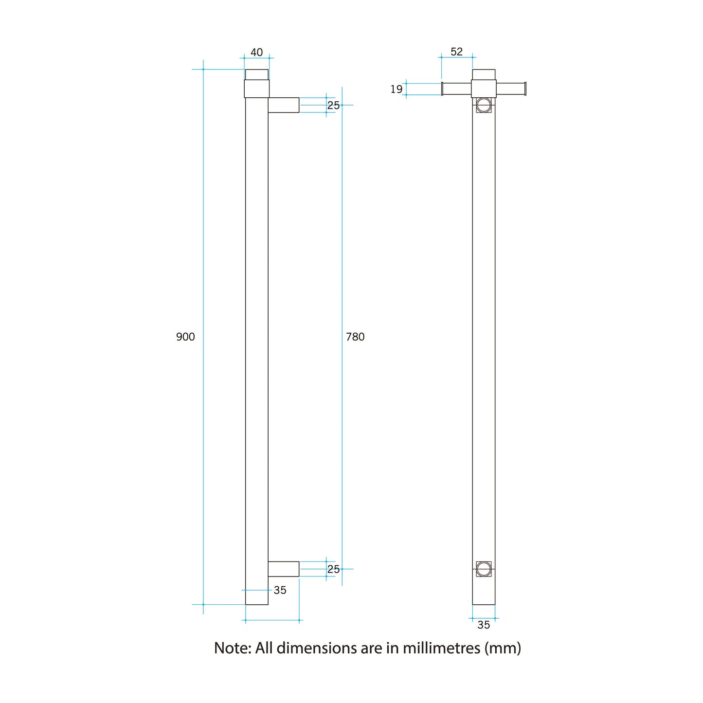ThermoGroup 12V 900mm Square Vertical Single Bar Heated Towel Rail Variant Colour Available