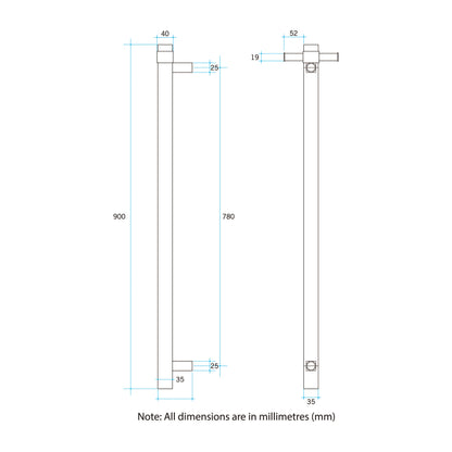 ThermoGroup 12V 900mm Square Vertical Single Bar Heated Towel Rail Variant Colour Available