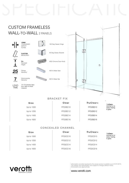 Custom Frameless Wall-To-Wall (2 Panels) - Up to 1200 / TruClear+ / Bracket