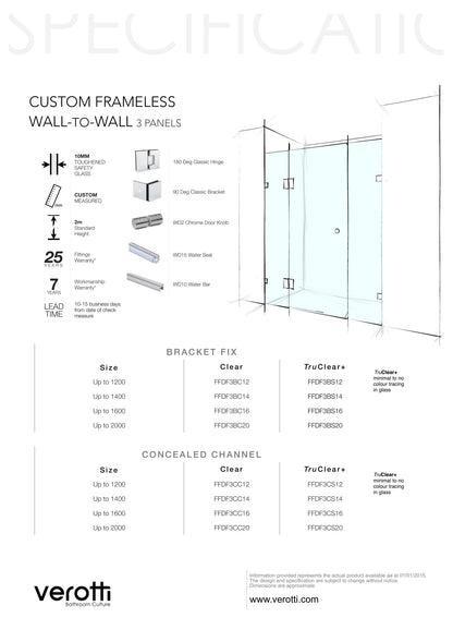 Custom Frameless Wall-To-Wall (3 Panels) - Up to 1600 / Bronze / Bracket