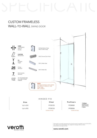 Custom Frameless Wall-To-Wall (Swing Door) - Up to 600 / Grey / Hinged