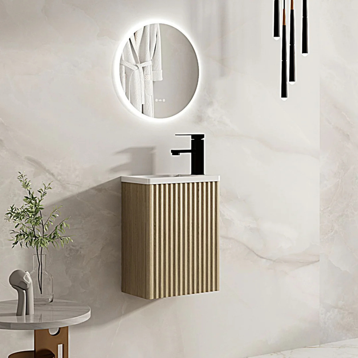 Fluted Rhea 400mm Wall-Hung Cabinet & Gloss White Basin - Natural Oak - 400mm / Natural Oak Cabinet & Poly Gloss White Basin 1TH