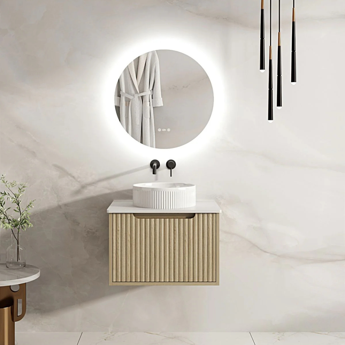 Fluted Rhea 600mm Wall-Hung Cabinet - Natural Oak - 600mm / Natural Oak Cabinet & Black Stone