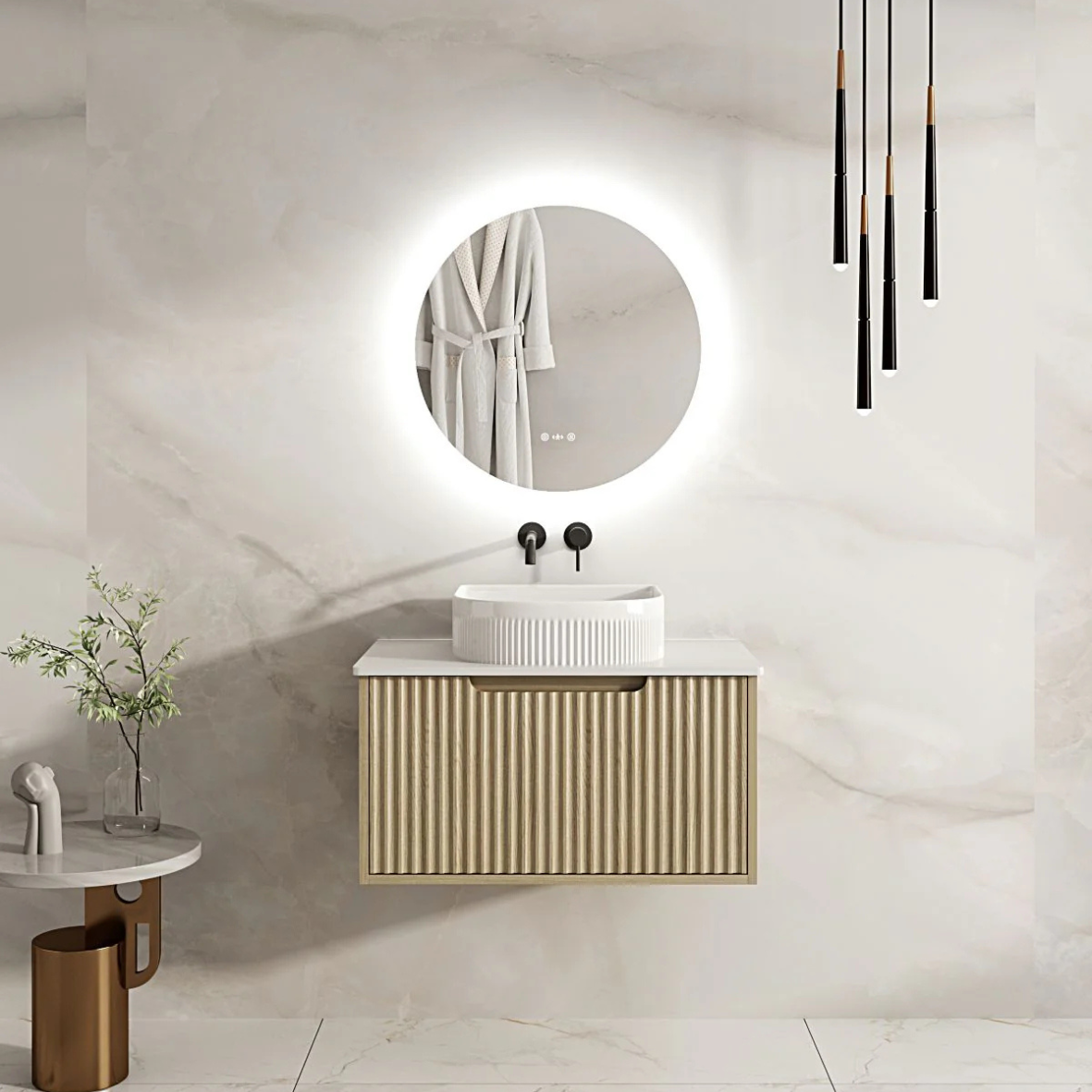 Fluted Rhea 750mm Wall-Hung Cabinet - Natural Oak - 750mm / Natural Oak Cabinet & Black Stone