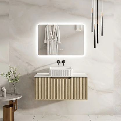 Fluted Rhea 900mm Wall-Hung Cabinet - Natural Oak - 900mm / Natural Oak Cabinet & Carrara Stone Top