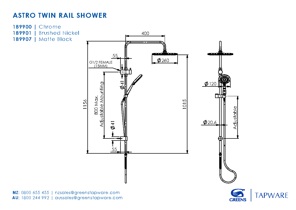 Greens Rocco Combination Twin Rail Shower