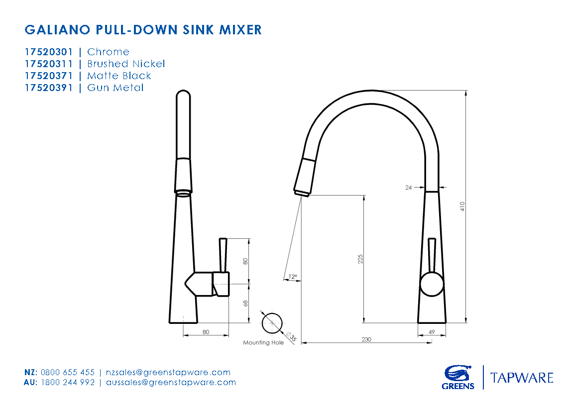 Greens Galiano Pull Down Sink Mixer