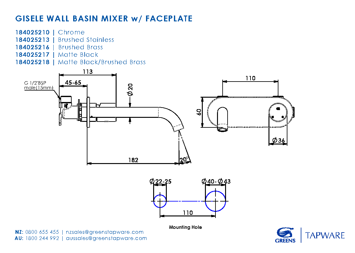Greens Gisele Wall Basin Mixer w/ Faceplate