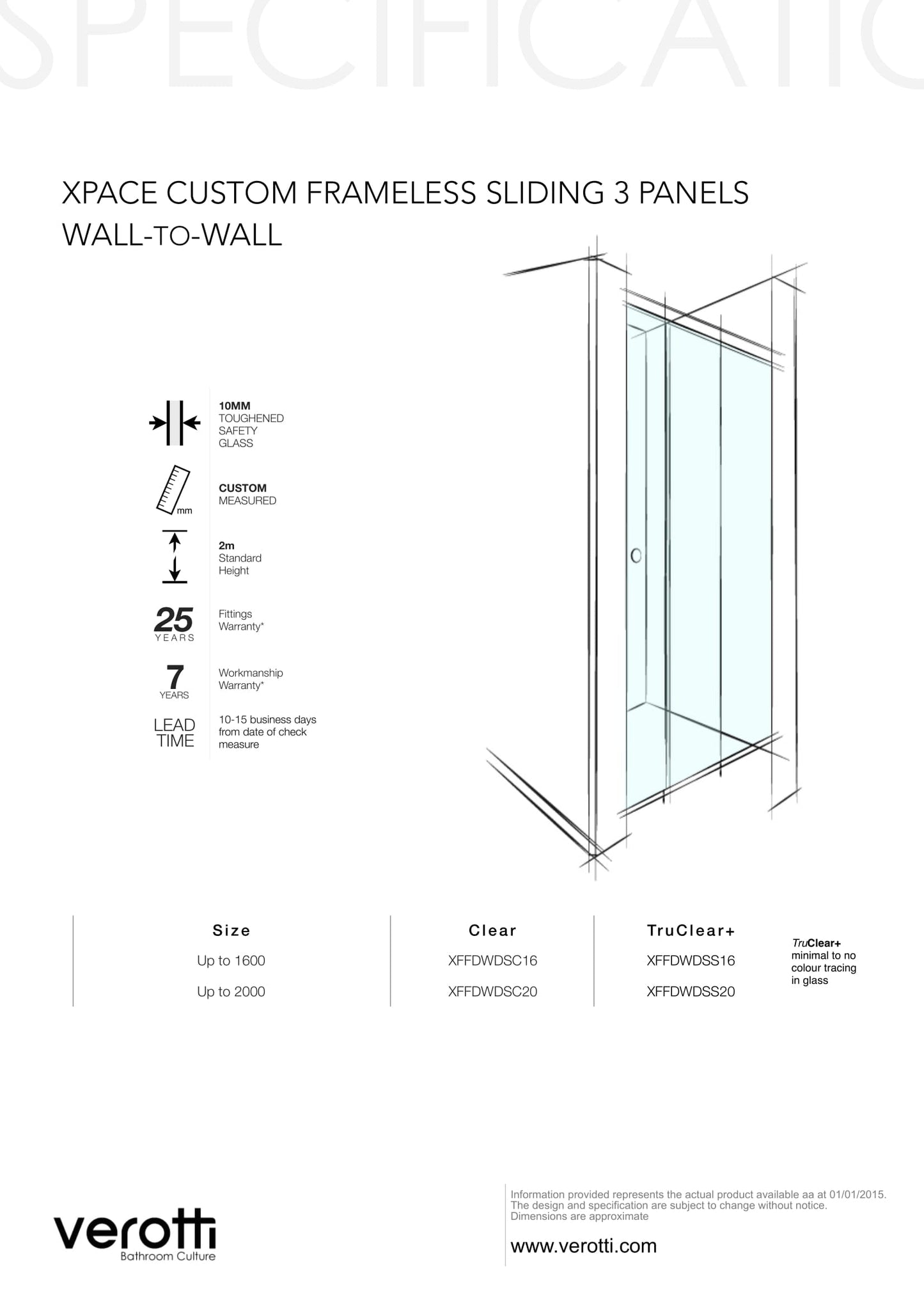 Xpace Custom Frameless Sliding Wall-To-Wall (3 Panels) - Up to 1600 / Clear