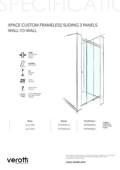 Xpace Custom Frameless Sliding Wall-To-Wall (3 Panels) - Up to 1600 / Grey