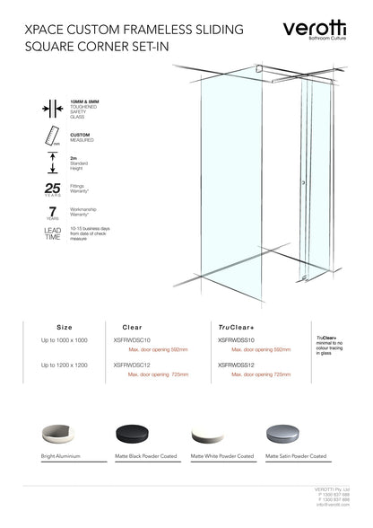 Xpace Custom Frameless Sliding Square Corner Set-In - Up to 1000 x 1000 / Clear / Concealed Channel